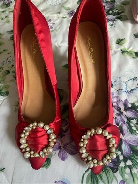 Anne Michelle Vintage Red Satin Pointed Toe Heels with Pearl Crystal Ring